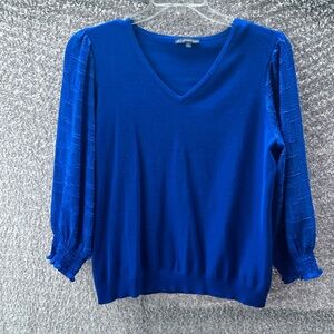 Adrienne Papell Blue Sweater Top | Size Large | Elegant Textured Sleeves